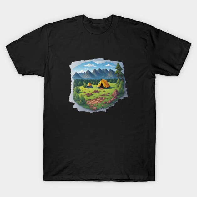 Camping Tent Adventure Sunset Retro Art T-Shirt by Flowering Away